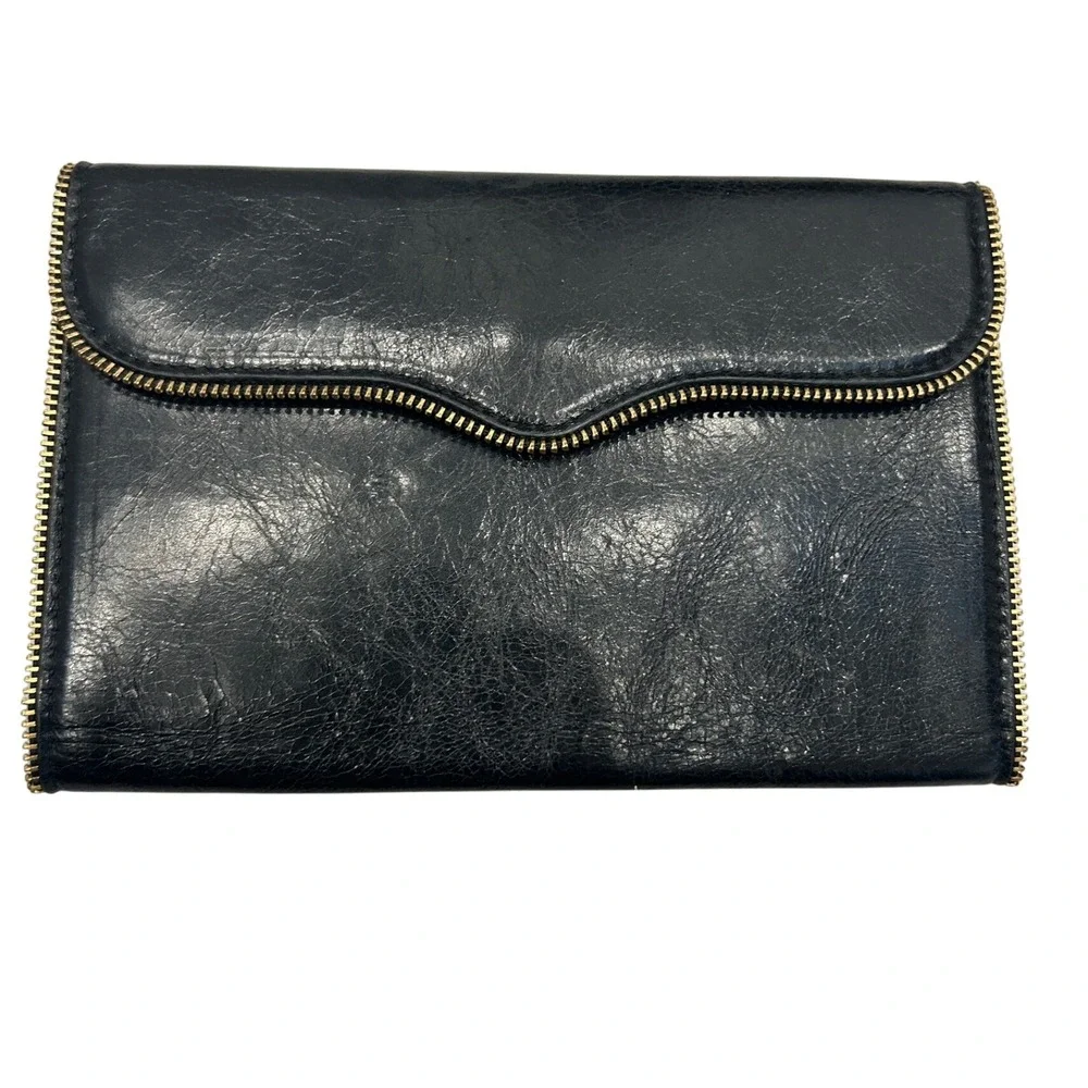 Rebecca‎ Minkoff Black Leather Zip Around Wallet Organizer Paper Plastic Gold